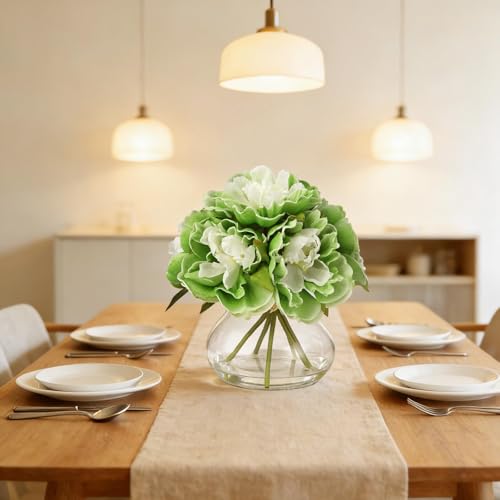 Green Peony Bouquet in Glass Vase - 6 Piece Artificial Flower Arrangement with Faux Water for Wedding & Home Centerpieces - color: Peony Flowers, size: Green
