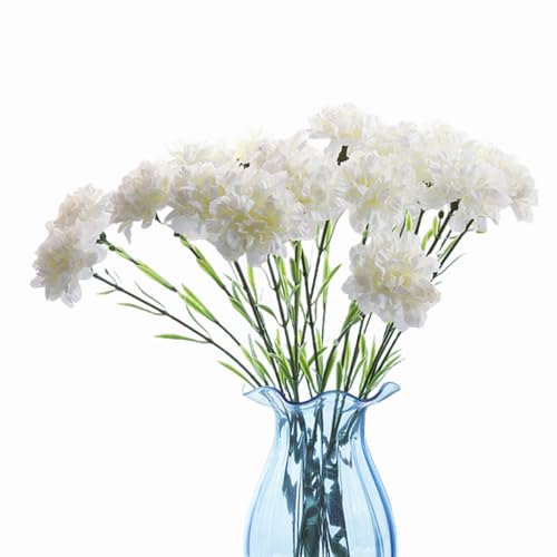 10 Bunches Bouquet of White Artificial Silk Flower Carnations,Single Flower Head 20 Inch Bouquet and Green Leaf for Party,Home Decor Bridal Wedding Holding Flowers Decoration - color: White