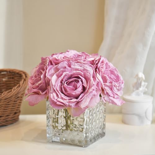 Artificial Rose in Glass Vase Vintage Silk Flower Arrangement with LED Light for Table Centerpiece Home Wedding Decoration (Purple) - color: Purple