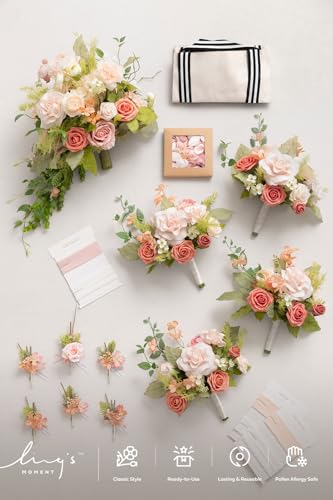 Ling's moment Wedding Artificial Flowers Package, Bridal Bouquet, Bridesmaid Bouquets, Boutonniere for Men, Rose Petals.Peach Smoothie Blush - color: Pk-peach Smoothie & Blush
