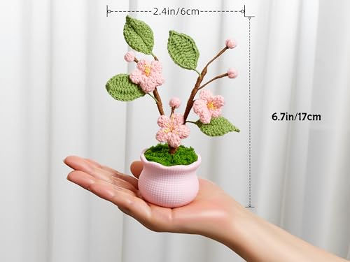 Knitting Crochet Flowers Potted Flower, Fake Forget Me Not Flowers Gift for Teacher, Friend, Family and Lover, Cute Decor for Room, Car Dashboard, Home Office Decoration(Pink Peach Blossom) - color: Pink Peach Blossom