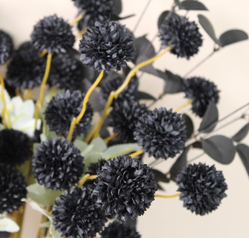 RyddeligHome Black Artificial Flowers for Centerpieces Bulk 10 Long Stems /50 Small Faux Silk Mum Balls + Black Eucalyptus Stems 2 Branches, Fall Boho Halloween Home Decor Indoor, Gothic Flowers - color: Black