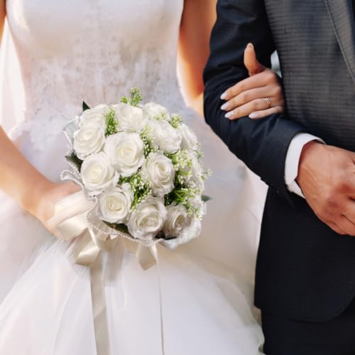 LEIFENY Wedding Bouquets for Bride, Ivory White Bridal Bridesmaid Wedding Flowers, Artificial Toss Rose with Silk Ribbon for Civil Ceremony