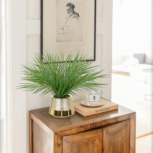 Briful Fake Plants Artificial Palm Leaf Plant in Gold Planter – 15’’ Tall Faux Tropical Greenery in Brushed Gold Pot for Modern Home Decor, Office Desk, Living Room, Shelf, Bathroom Decoration - color: Green#027