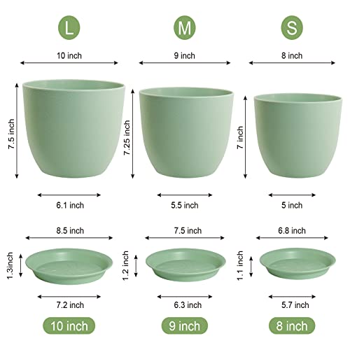 WOUSIWER Plant Pots 10/9/8 inch, Set of 3 Modern Decorative Plastic Planters with Drainage Holes and Saucers for House Plants Indoor Flowers Plants, Green - color: Green