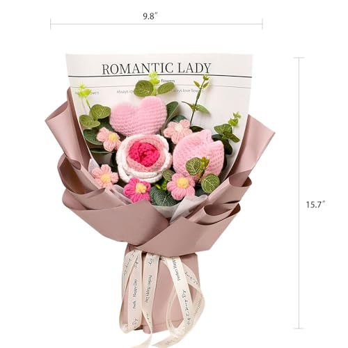 Crochet Flower Bouquet, Crochet Rose Tulip Love Heart Bouquet for Mother's Day, Anniversary, Birthday, Gift for Lover, Girlfriend, Wife, Mom, Pink - color: Zz: Pink - Love Heart