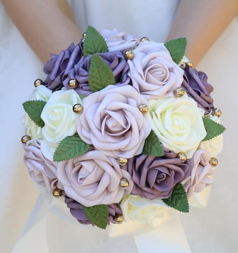 Handmade Wedding Bouquet Artificial PE Rose Bridal Bridesmaid Bouquet with Soft Ribbons Wedding Hand Holding Bouquet Artificial Fake Flowers Toss Bouquet(B-Light Purple & Purple & Ivory, 9.1"/23cm) - color: B-light Purple & Purple & Ivory, size: 9.1"/23cm