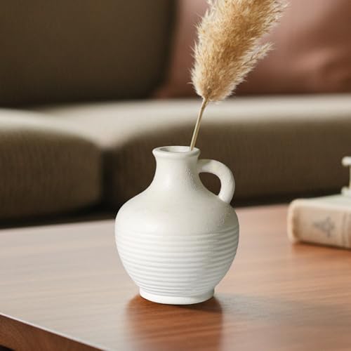 White Ceramic Vase, Rustic Farmhouse Vase with Handle, Pottery Vases for Flower, Farmhouse Decor, Centerpiece Table Decorations, 6 inch - color: Rustic White - 6, size: 6 Inch