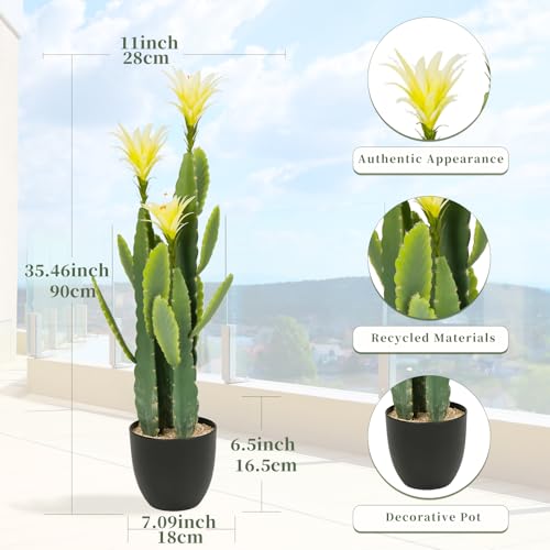 3ft Tall Artificial Cactus with Yellow Flowers in Pot, Fake Cacti Plant of Satin Finish Leaves with Real Look, Outdoor & Indoor Faux Plants for Home Office Hotel Patio Balcony or Garden Decor - color: Yellow Flower, size: 36''