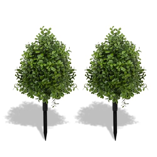 Bdor 22" Artificial Boxwood Topiary Bushes Ball Trees, Outdoor Artificial Plant Set of 2 with Ground Stakes, UV Resistant Simulated Evergreen Fake Boxwood Shrub for Indoor/Outdoor Lawns, Garden Decor - style: Boxwood