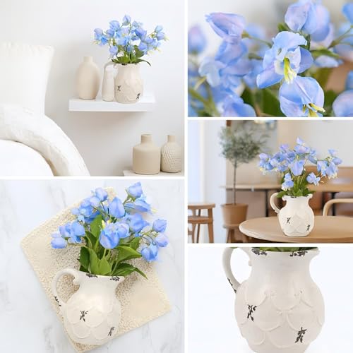 25 Pcs Artificial Lantern Flower with Vintage Ceramic Vase - Hyper Realistic Silk Flowers and Leaves for Home Indoor Outdoor Decor（Blue） - color: Blue