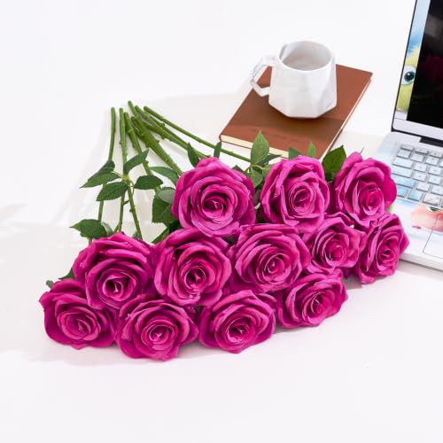 50pcs Magenta Roses Artificial Flowers Bulk Fake Roses Silk Flower with Stems Realistic Flowers for Wedding Centerpiece Party Birthday Decor - color: Magenta
