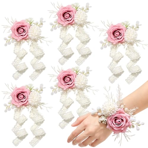 Serwalin 6 PCS Pink Wrist Corsage for Wedding, Corsages Wristlet for Bridesmaid Mother Grandmother Girl, Artificial Flowers for Prom Ceremony Homecoming Anniversary - color: Pink, size: Corsage 6pcs