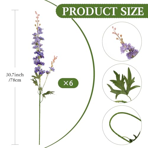 6 PCS Purple Delphinium Artificial Flowers, Long Stem Artificial Flowers with Bendable Stems, Silk Larkspur for Tall Vase Home Garden Wedding Table Decor - color: Purple