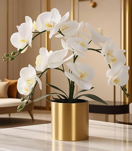 LESING Potted Artificial Orchid Flowers,Real Touch White Fake Artificial Orchid Flower in Gold Vase Arrangement for Table Living Room Decoration (White,Gold Vase) - color: White,gold Vase