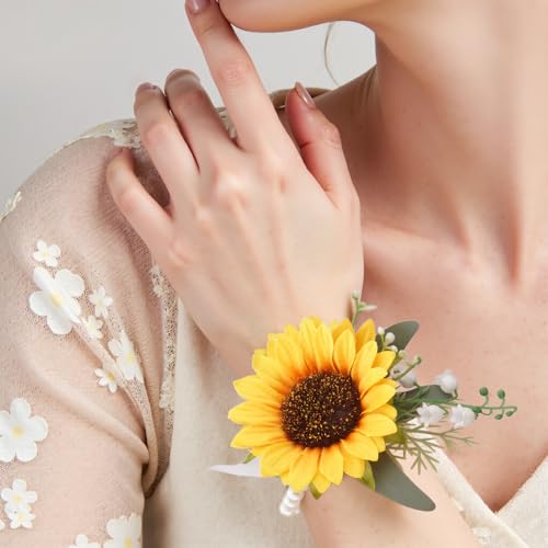 2Pcs Sunflower Corsage Wristlet and Boutonniere for Men Set - Perfect for Prom Decorations Weddings Party Suit Flower Accessories - color: Sunflower