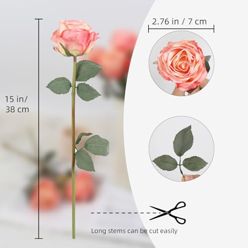 IPOPU 10PCS Roses Artificial Flowers Silk Flowers with Long Stem Fake Roses for Valentine's Day Wedding Bridal Bouquets Floral Arrangement Table Centerpieces Home Decoration(Peach) - color: Peach