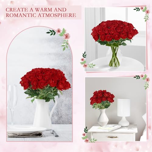 Hananona 50 Pcs Artificial Roses in Bulk, Fake Silk Red Roses Realistic Roses for Wedding Centerpieces Flower Arrangement Home Decor (50, Red) - color: Red