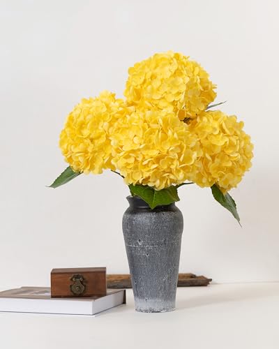 DuHouse 3Pcs Hydrangea Artificial Flowers,Latex Real Touch Hydrangeas with Long Stems & Leaves for Home Decor Party Floral Arrangements Wedding Bouquets Centerpieces(Yellow) - color: Yellow, size: 3pcs