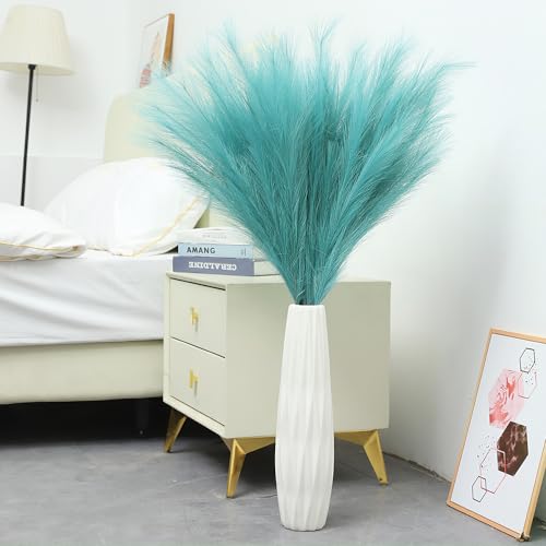 38" 10 Stems Faux Pampas Grass Decor - Tall Pampas Grass for Floor Vase Fluffy Artificial Pampas Grass for Boho Home Wedding Mothers Day Decoration（Lake Blue） - color: Lake Blue