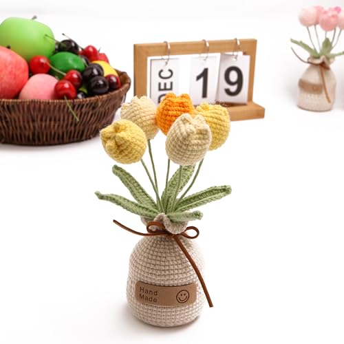 Handmade Tulips, Artificial Plant Crochet Flowers， Tulips Suitable for Home Room, Table, Office Ornaments and Birthday Gifts Suitable for Family and Friends Anniversary (5 Flowers-Yellow) - color: Yellow B, size: B