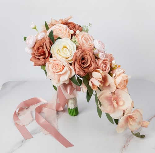9.1Inch Peach Pink Cascading Bridal Bouquet for Bride Artificial Pink Rose Cascade Bridal Flower Bride Wedding Bouquet Peach Pink - color: Peach Pink
