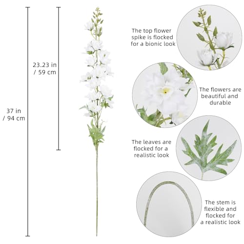 IPOPU 37" White Delphinium Artificial Flowers 5PCS Real Look Flocked Faux Delphinium Flowers with Fuzz Long Stem Silk Larkspur Snapdragon for Wedding & Home Decor(White) - color: White