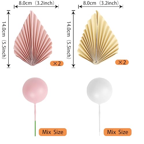 Rsstarxi 28 Pack Balls Cake Toppers Paper Palm Fan Cake Topper Pink Mini Balloon DIY Cake Insert Cake Decorations for Baby Shower Wedding Bridal Shower Birthday Party Cake Decorations - color: Pink White