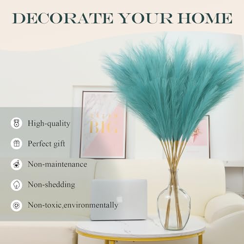 43" Tall Pampas Grass Decor - 8 PCS Faux Pampas Grass Flower Arrangement and Vase Filler for Boho Home Wedding Mothers Day Decoration (Lake Blue) - color: Lake Blue