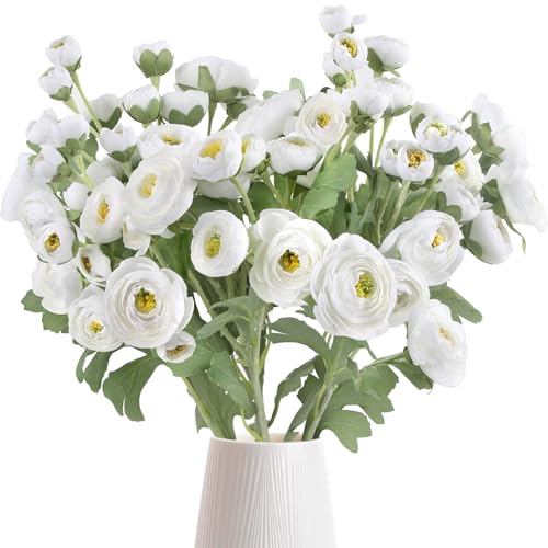 Ranunculus Artificial Flowers 5PCS Faux Peonies White Silk Ranunculus Flowers with Stems 21.65" Real Look Fake Flowers Bulk for DIY Wedding Bridal Shower Table Centerpieces Home Decor(White) - color: White