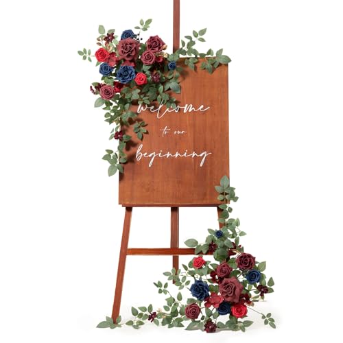 Ling's moment 2pcs Wedding Flowers Garland Artificial Floral Swag Arch Decorations Greenery Arrangements Burgundy & Navy Blue Ceremony Reception Garden Easel Wall Entryway Outdoor NOT Include Sign - color: Burgundy & Navy Blue