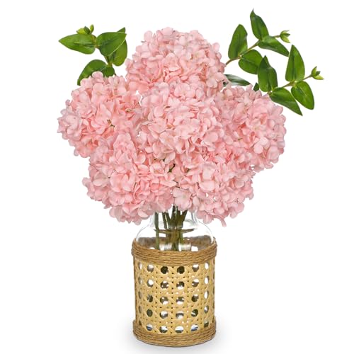 Hollyone Pink Hydrangea Artificial Flowers in Woven Glass Vase with Faux Water Silk Hydrangeas Fake Flowers Floral Arrangement for Home Indoor Bathroom Kitchen Office Table Centerpiece Shelf Decor - color: Pink-woven Vase