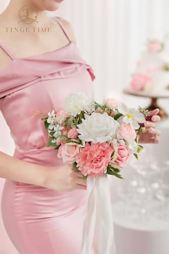 TINGE TIME CoralPink Bridesmaid Bouquets Set of 4 7 Inch Wedding Bouquets Artificial Silk Flowers Bridal Bouquets for Bridesmaids, Wedding Decor, Anniversary, Party - color: Coralpink&white