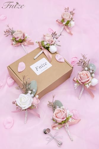 Fnize Pink Boutonniere for Men, 6 Pcs Groom Groomsmen Boutonnieres, Artificial Flowers for Wedding Prom Homecoming - color: Pink