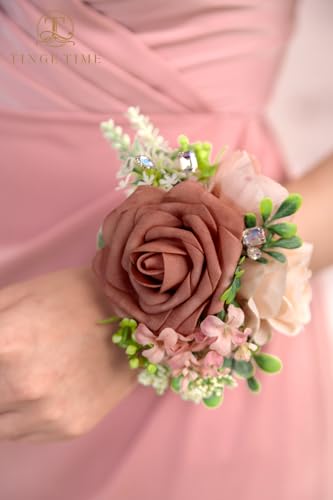 TINGE TIME Set of 2 Wrist Corsage Bracelets Pearl Wristlet Band Bridesmaid Bracelet for Wedding Ceremony Bridal Shower Wedding Artificial Flower Prom (DustyRose&Cream) - color: Dusty Rose & Cream