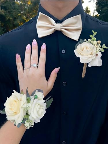 Rinlong 2Pcs White Rose Wrist Corsage for Wedding, Prom, Homecoming | Bridesmaid Wristlet, Mother of the Bride Flower Corsage - color: 03-white Green