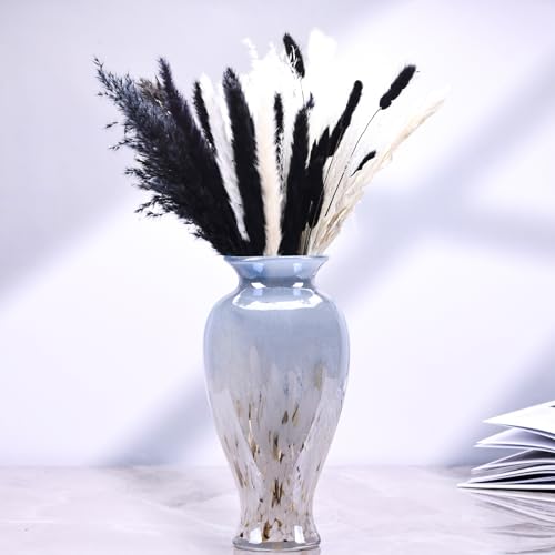 11.8" Tall Blown Blue Glass Vase, Colorful Opaque Glass Vase, Unique Design Wide Mouth Art Decoration for Home, Living Room, Dining Table, Pampas Grass Decor (Blue White) - color: Blue White