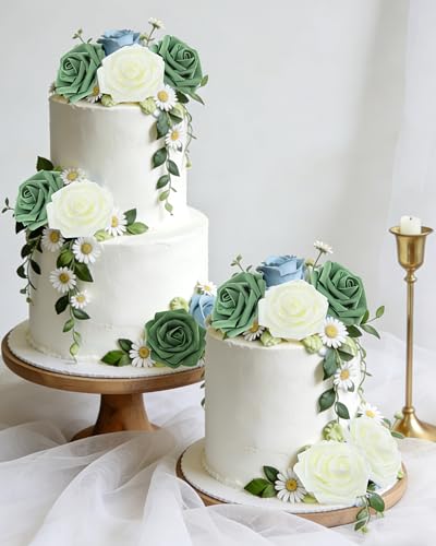 DuHouse 25Pcs Artificial Roses Flowers Fake Roses with Stems Real Touch Foam Flowers for DIY Wedding Bouquet Centerpiece Floral Arrangement Party Home Decor(Ivory Green) - color: Ivory Green, size: 25pcs