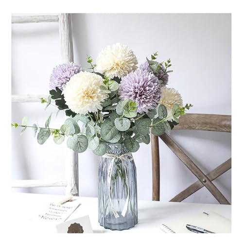 Artificial Silk Chrysanthemums with Eucalyptus, 12" Faux Mums | 24 Stems (Purple, White, Fuchsia) + 6 Eucalyptus, Plastic Stems Bendable, for Home Table Wedding Party Office Decor - size: 30pcs