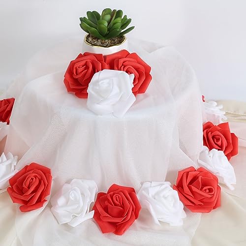 100pcs White Artificial Rose Flower Heads, 3inch Red Foam Roses Bulk Stemless Fake Flower Heads for DIY Crafts,Cake Decoration Wedding,Baby Shower Flower Centerpieces(White&Red) - color: White&red