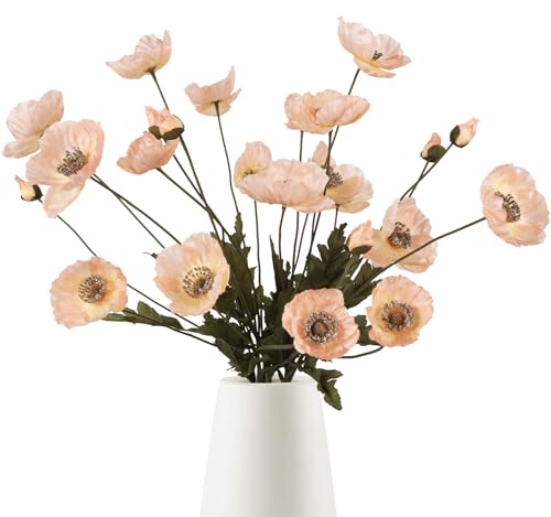 IPOPU Artificial Poppy Silk Flowers 6pcs Poppy Flowers Artificial Realistic Faux Flowers for Vase for Home Decor Indoor for Wedding Centerpieces Bridal Shower Party Decorations (Champagne) - color: Champagne