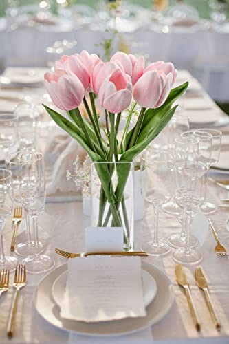 Briful Fake Flowers Artificial Tulip Flower Pink in Clear Vase, Real Touch Foam Tulip Arrangement Suitable for Home Office Decoration, Dining Table Centerpiece - color: Pink