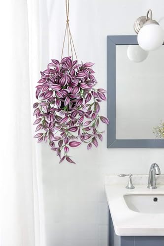 Briful Fake Hanging Plants 17.7" Faux Watermelon Peperomia Silk Plants with Black Pot Artificial Hanging Greenery for Home Garden Balcony Front Porch Outdoor Decor - color: Purple