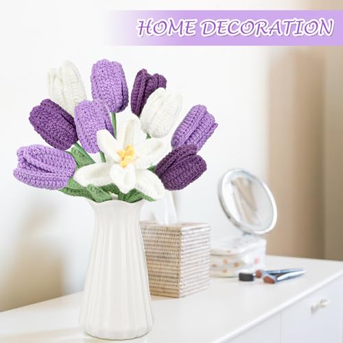 Shihanee 10 Pcs Tulip Crochet Flowers Bouquet Handmade Knitted Flower Decor Birthday Gifts for Women Grandma Spring Home Vase Centerpiece, 13.7", Vase Not Inchluded(Purple, White) - color: Purple, White