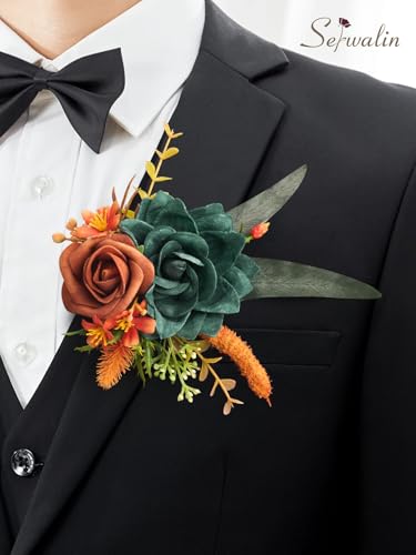 Serwalin 2 Pcs Boutonniere, 6-7 Inch Teal Orange Corsage for Wedding, Boutonniere for Men Groom and Best Man Prom Ceremony Anniversary Party Suit - color: Teal Orange, size: Boutonniere-2pcs
