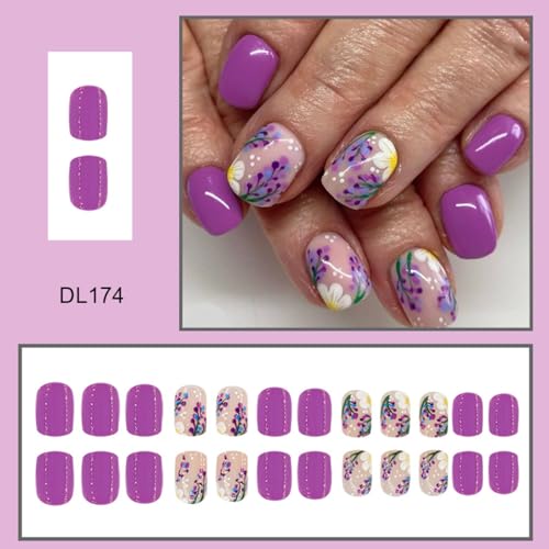 Flower Press on Nails Short Square Fake Nails Purple False Nails with Purple Floral Designs Full Cover Stick on Nails Glue on Nails Flower Nails Acrylic Nails for Women Girls 24 Pcs - color: Flower Square23
