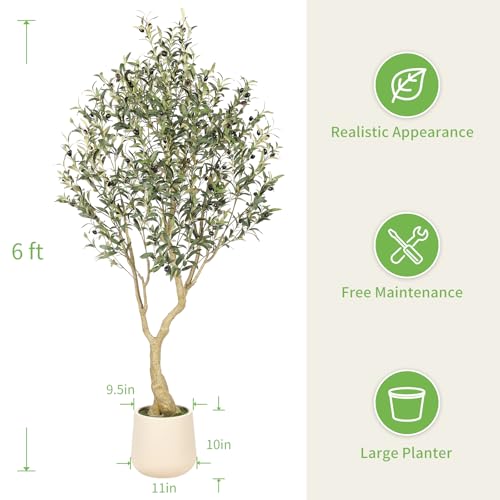 Realead 6ft Artificial Olive Tree with Tall Exquisite Planter - Realistic Faux Olive Tree with Thick Trunk and Lifelike Fruits - Large Fake Olive Tree for Home Office Decor - size: 6ft