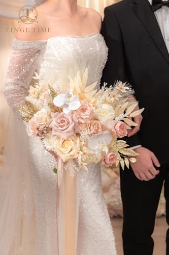 TINGE TIME 13 Inch Artificial Flower Wedding Bouquets for Bride, Cascading Bridal Bouquet for Wedding Bouquet for Wedding Ceremony and Anniversary(Champagne&Pink) - color: Champagne&pink