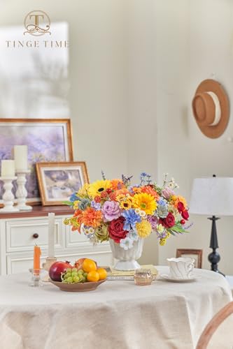 TINGE TIME Fake Flowers Artificial Flowers Peonies Bulbous Chrysanthemum Daisy Hydrangea Sunflower Violets Dahlia Daffodils Epiphyllum Orchid Cherry Blossom Camellia Leyaron (Rainbow Colorful) - color: Rainbow Colorful