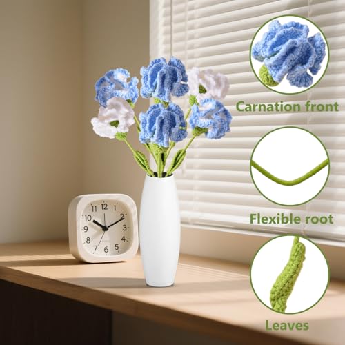 6Pcs Handmade Carnation Crochet Flower Bouquet, Completed Carnations Artificial Flower, Carnation Flower Wedding Bouquet (Blue) - color: Blue